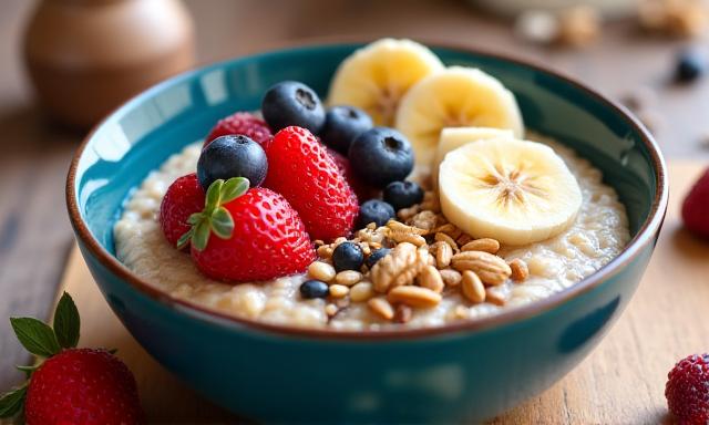 Tazón colorido de avena, frutas y nueces