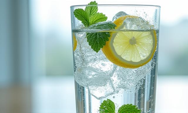 Vaso de agua fresca con rodajas de limón y hielo