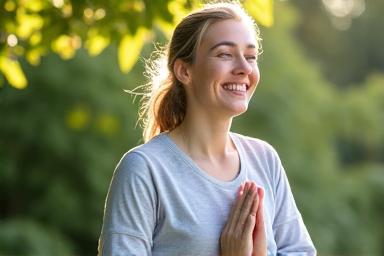 Persona sonriendo y haciendo yoga al aire libre, representando bienestar personalizado