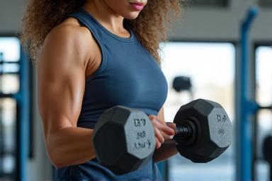 Persona realizando ejercicio con pesas en un gimnasio, representando fitness