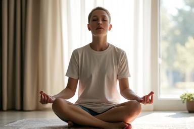 Persona meditando pacíficamente en un entorno tranquilo, representando gestión del estrés