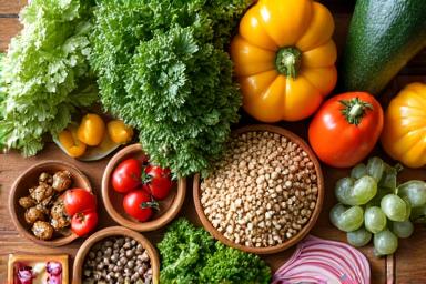 Mesa con alimentos frescos y saludables, representando nutrición