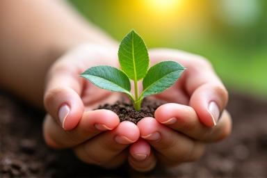 Mano sosteniendo una planta joven, simbolizando crecimiento y prevención en salud