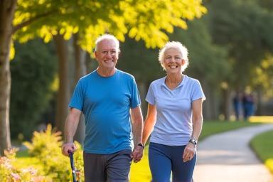 Pareja mayor sonriendo y caminando juntos en un parque, representando salud senior